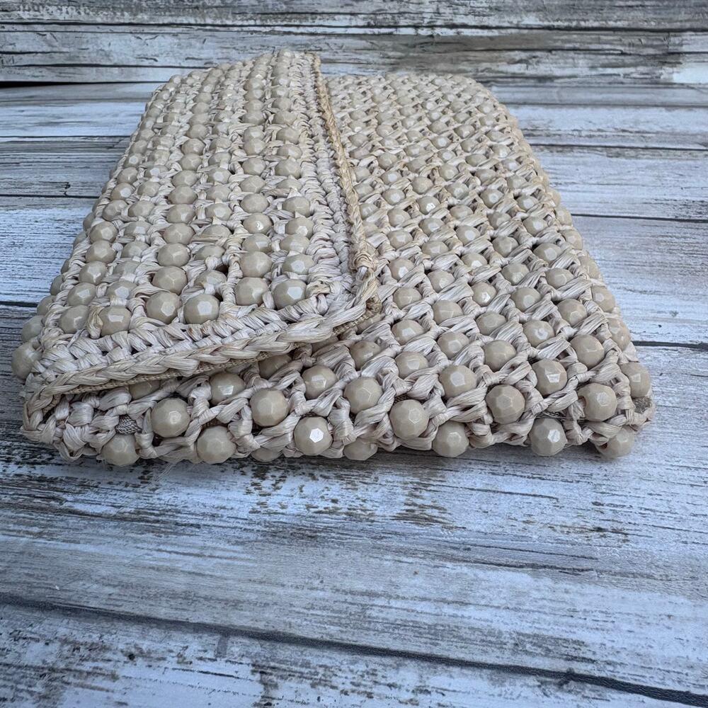 Barbara Lee Vintage Beaded Raffia Clutch Tan Beige Good Woven Made in Italy - Picture 5 of 12